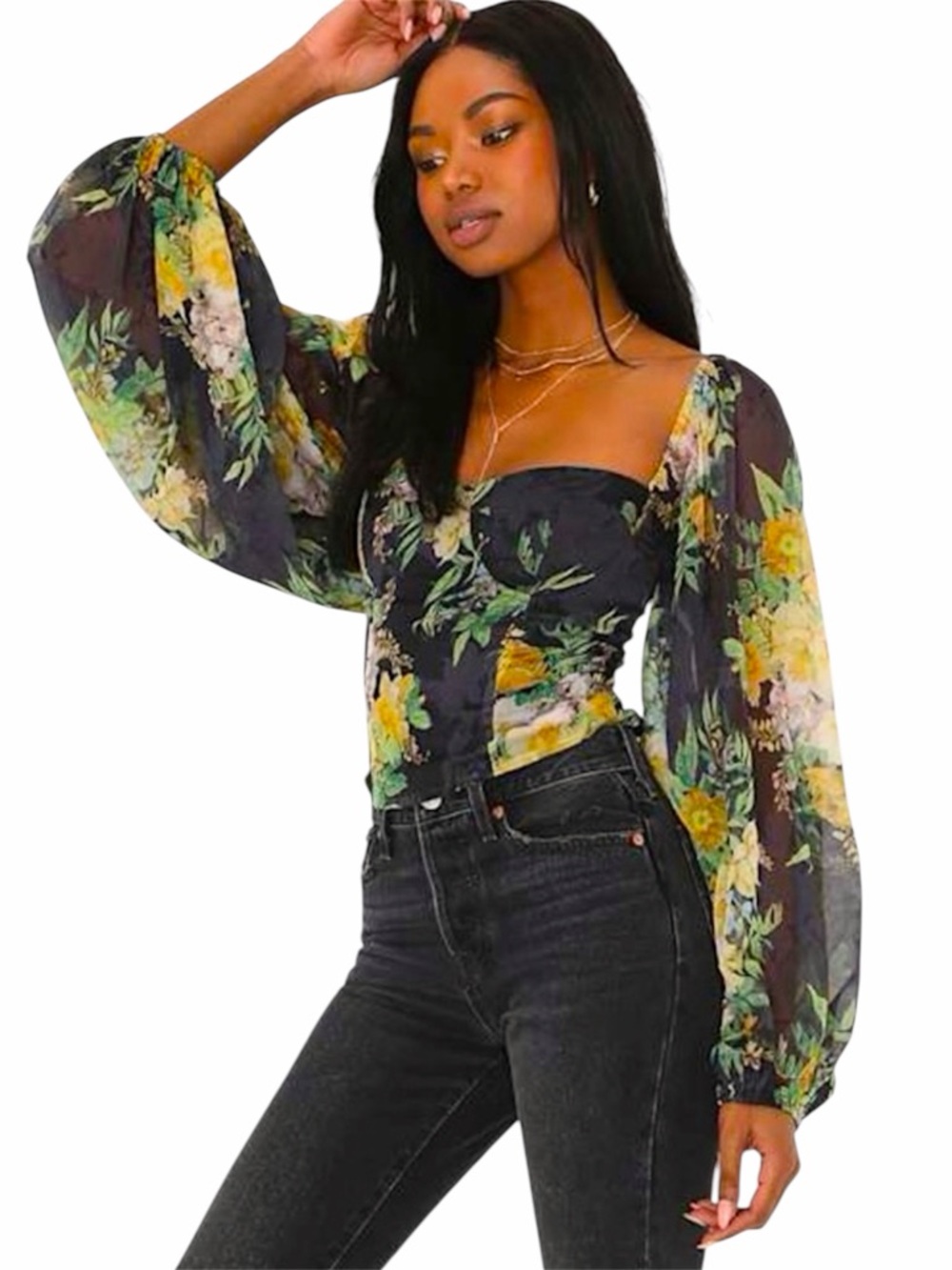 Lulu’s Blissfully Botanic Black Floral Print Balloon Sleeve Bustier Top small